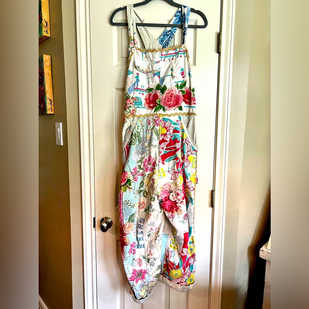 Magnolia Pearl OOAK overalls with appliqué florals, and vintage linens.